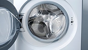 Washing machine with empty drum as background, closeup