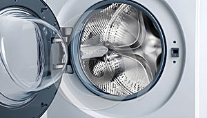 Washing machine with empty drum as background, closeup
