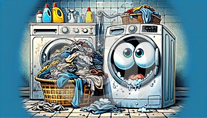 A washing machine faces a pile of dirt-laden clothes, shock evident in its 'eyes'