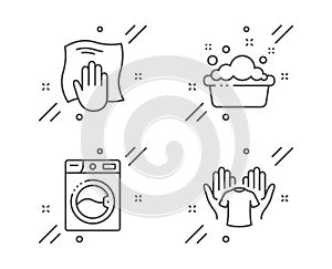 Washing machine, Hand washing and Hold t-shirt icons set. Laundry, Laundry basin, Wipe with a rag. Vector