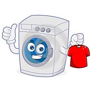 Washing machine holding clean cloth and give thumb up