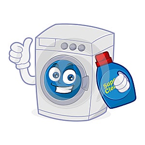 Washing machine holding detergent and give thumb up