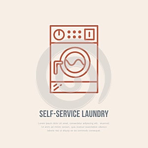 Washing machine icon, washer line logo. Flat sign for launderette service. Logotype for self-service laundry, clothing