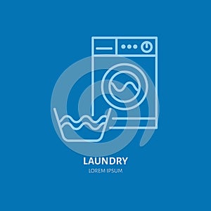 Washing machine icon, washer line logo. Flat sign for launderette service. Logotype for self-service laundry, clothing