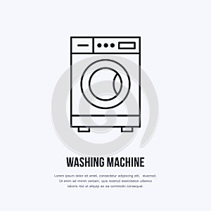 Washing machine icon, washer line logo. Flat sign for launderette service. Logotype for self-service laundry, clothing