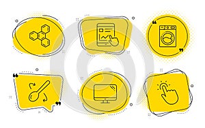 Washing machine, Internet report and Cooking spoon icons set. Chemical formula, Computer and Touchpoint signs. Vector