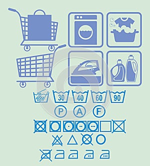 Washing machine; iron; bleach; washing; shopping cart; basket; truck; shopping; signs for washing;