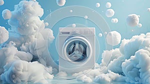 washing machine in large white foam, blue background. Detergents