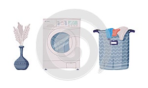Washing Machine and Laundry Basket as Household Appliance for Laundry Vector Set