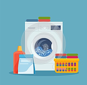 Washing machine, laundry basket and cleaning products. vector illustration in flat style