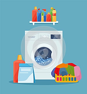 Washing machine, laundry basket and cleaning products. vector illustration in flat style