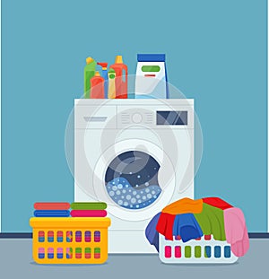 Washing machine, laundry basket and cleaning products. vector illustration in flat style