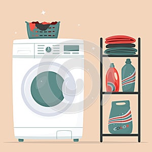 Washing machine and laundry basket, detergents and clean linen on a rack. Washing clothes. Modern laundromat, home appliance for