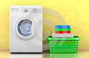 Washing machine with laundry basket full of clean clothes in room near wall, 3D rendering