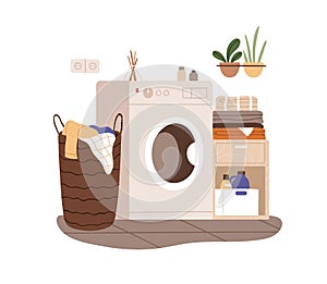 Washing machine, laundry basket, furniture for towels and detergent storage. Electric washer, dryer equipment in modern