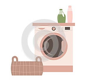 Washing machine laundry basket and liquid detergents illustration