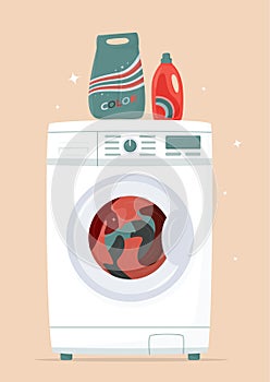 Washing machine and laundry in it, detergents in flat style. Washing clothes. Modern laundromat, home appliance for household