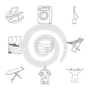 Washing machine, powder, iron and other equipment. Dry cleaning set collection icons in outline style vector symbol