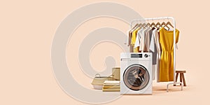 Washing machine and rail with clothes on hangers, empty copy space background