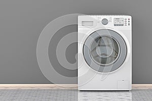 Washing machine in room near the wall, front view. 3D rendering