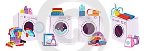 Washing machine scenes and wash powder, clean or dirty clothes pile. Home laundry, dry cleaning service or public