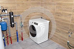 A washing machine standing in the corner of a modern gas boiler room, lined with ceramic tiles imitating wood, visible water pipes