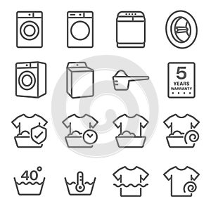 Washing machine vector set. Contains such icon as detergent powder, warranty, Clothes dryer, and more. Editable stroke