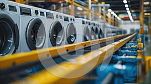 Washing machines on conveyor belt in factory