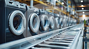 Washing machines on conveyor belt in factory