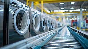 Washing machines on conveyor belt in factory
