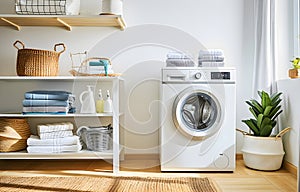 Washing machines in laundry room interior with wardrobe and accessories