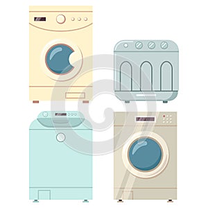 Washing machines with spin dryer vector cartoon flat icons set