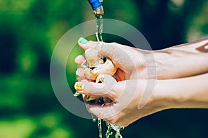 Washing the mushrooms in woman hands with water splash on the yard background