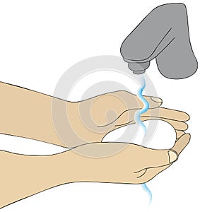 Washing palms with soap. Colored vector illustration. Water is pouring from the tap. Washing hands under running water.