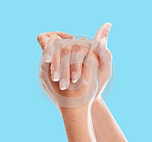 Washing, soap and hands of woman in studio for hygiene, sanitary and disinfection. Cleaning, foam and dermatology with