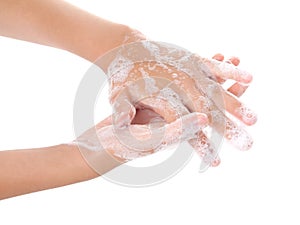 Washing teenager hands