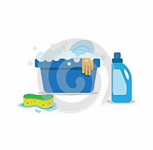 Washing tub filled soap with latex glove, sponge and detergent. for housework and cleaning service symbol in cartoon flat illustra