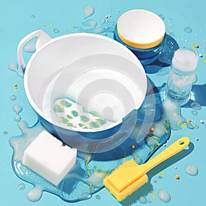 Washing utensils concept dishware and sponge soaked in water