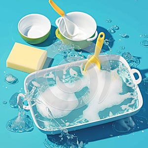 Washing utensils concept dishware and sponge soaked in water