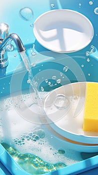 Washing utensils concept dishware and sponge soaked in water