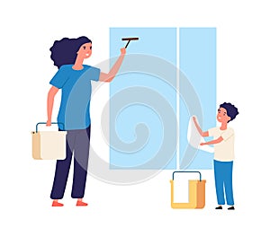 Washing windows. Spring home cleaning, clean equipment. Mother son near window with fabric. Cleaners cartoon vector