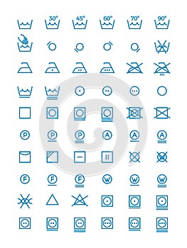Washing and wringing, drying and ironing vector symbols for clothes labels. Garment care line icons