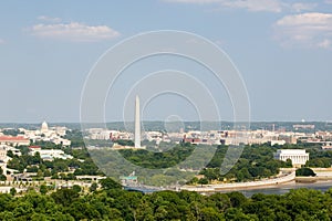 Washington D. C. aerial view with US Capitol, Washington Monument, Lincoln Memorial and Potomac River