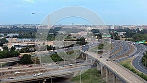 Washington D.C. cityscape at dusk with traffic on I-395 highway