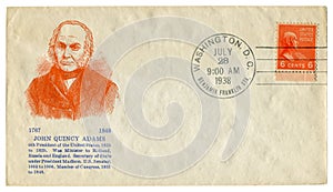 Washington D.C., The USA  - 28 July 1938: US historical envelope: cover with cachet portrait of 6th President John Quincy Adams, o