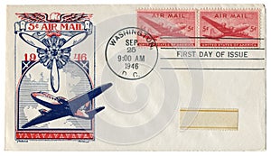 Washington D.C., The USA  - 25 September 1946: US historical envelope: cover with cachet Air mail, cargo and passenger aircraft, p