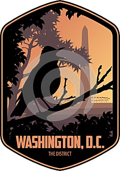 Washington, D.C. vector label with Wood thrush near Washington Monument