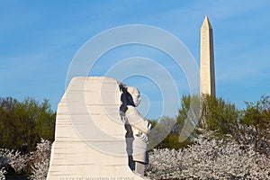 WASHINGTON DC - APRIL 12, 2015: The Martin Luther King Jr Memorial and Washington Monument during cherry blossom in Washington