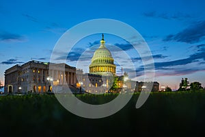 Washington DC. Capitol building. USA Congress, Washington D.C. Grass, park, night shoot.