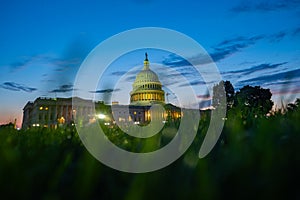 Washington DC. Capitol building. USA Congress, Washington D.C. Grass, park, night shoot.